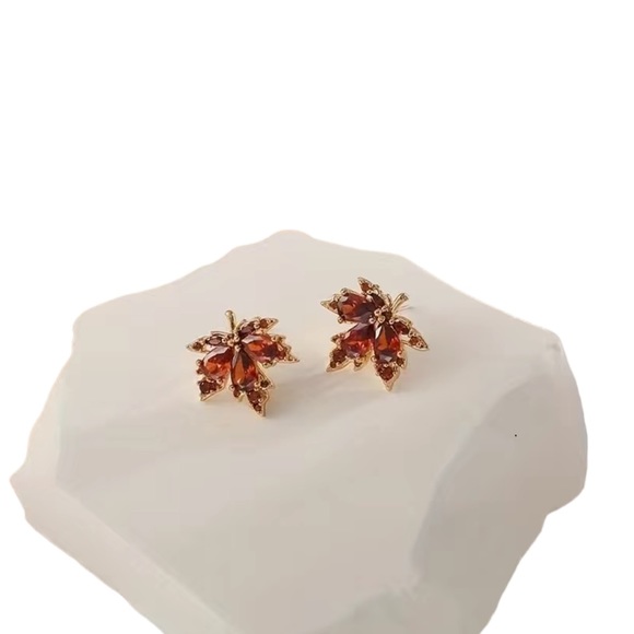 24K Gold Plated Maple Leaf Design Stud Earrings with Red Zircon Accents - Picture 8 of 8